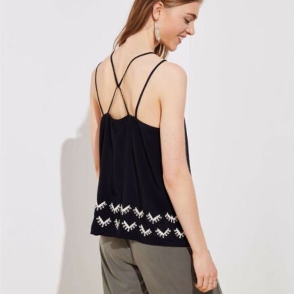 LOFT Black Embroidered Criss Cross Strappy Lined Camisole Top Medium - Picture 2 of 9